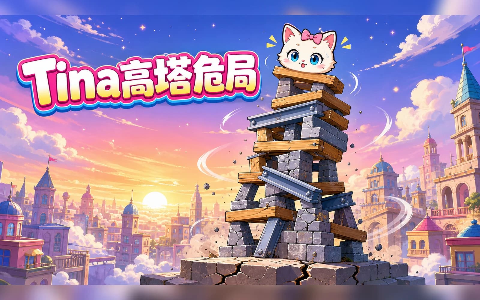 彩色天空下的猫咪与摇晃高塔插画